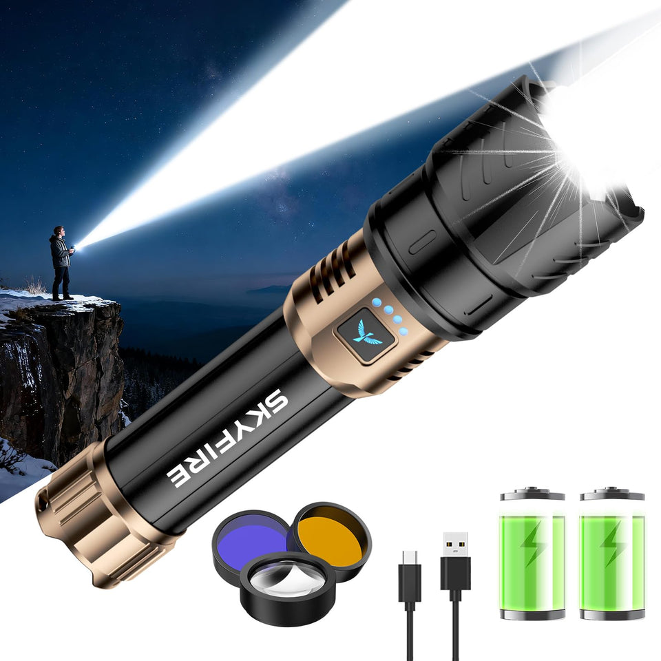 SkyFIRE rechargeable flashlight with ignition-lens in action for outdoor survival lighting