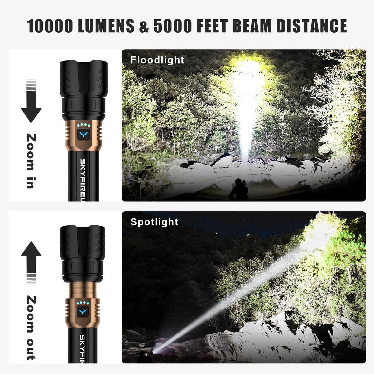 SKYFIRE flashlight zoom control enables spotlight or floodlight for versatile tasks