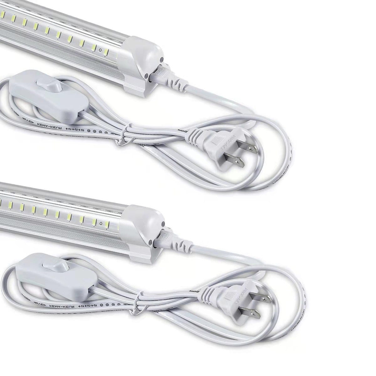 Skymoatled 4ft LED shop light on, bright workshop illumination.