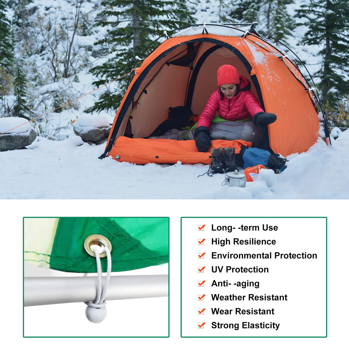 Skytened ball bungee cords with 1-inch balls enable quick tent tie-downs.