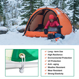 Skytened ball bungee cords with 1-inch balls enable quick tent tie-downs.