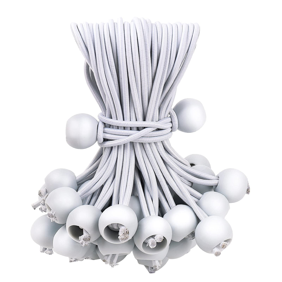 Skytened mini white ball bungee cords pack secures tarps and canopies outdoors.