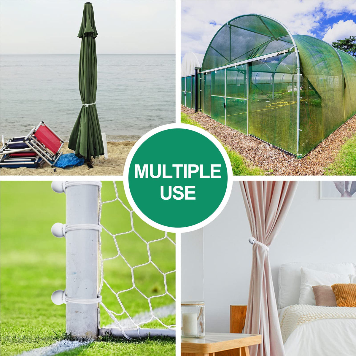 Skytened UV-resistant 4-inch bungee cords provide durable outdoor support.
