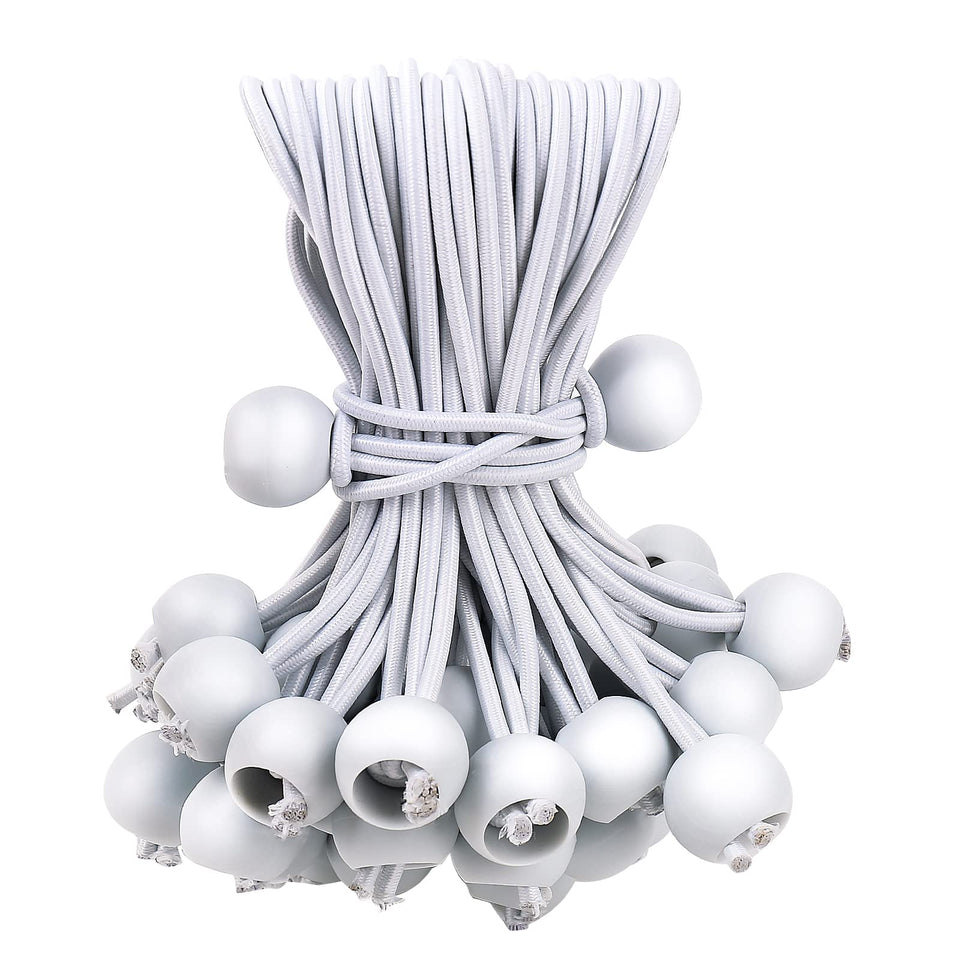 Skytened white ball bungee cords six inches securing tarps in a frame.