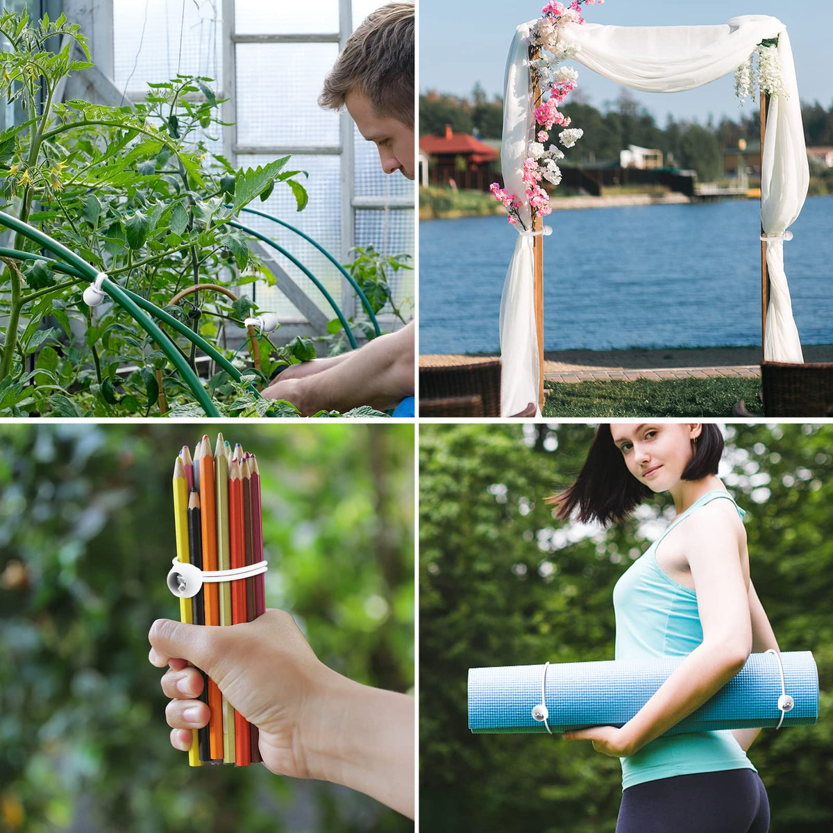 Skytened white ball cords simplify securing hoses and wires around home and patio.