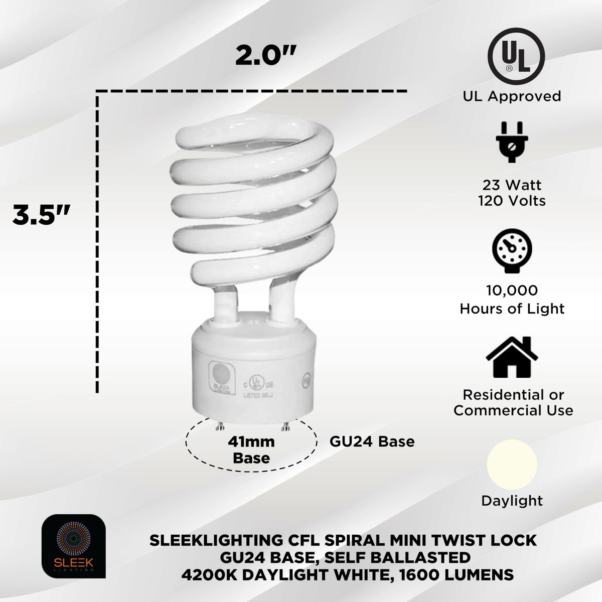 SLEEKLIGHTING GU24 2-pin bulb front view showing bright 1600 lm output
