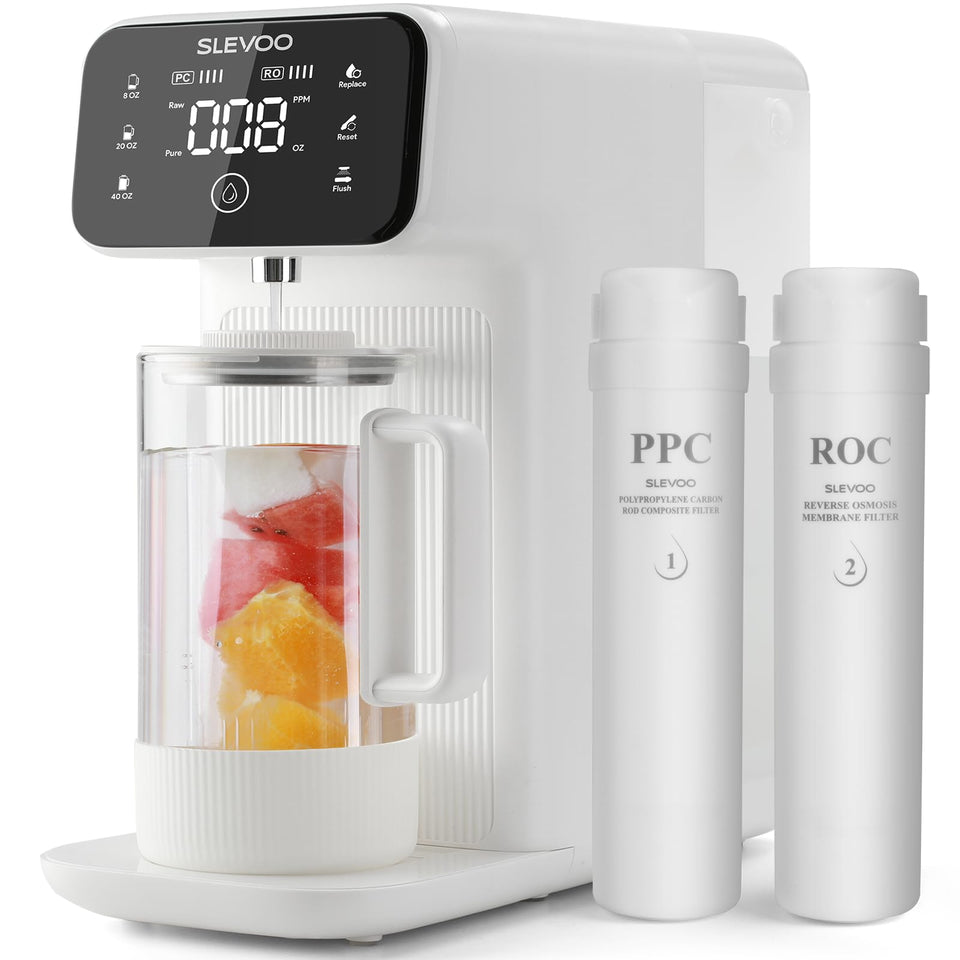 Slevoo countertop RO system on the kitchen counter, easy plug-and-play setup.