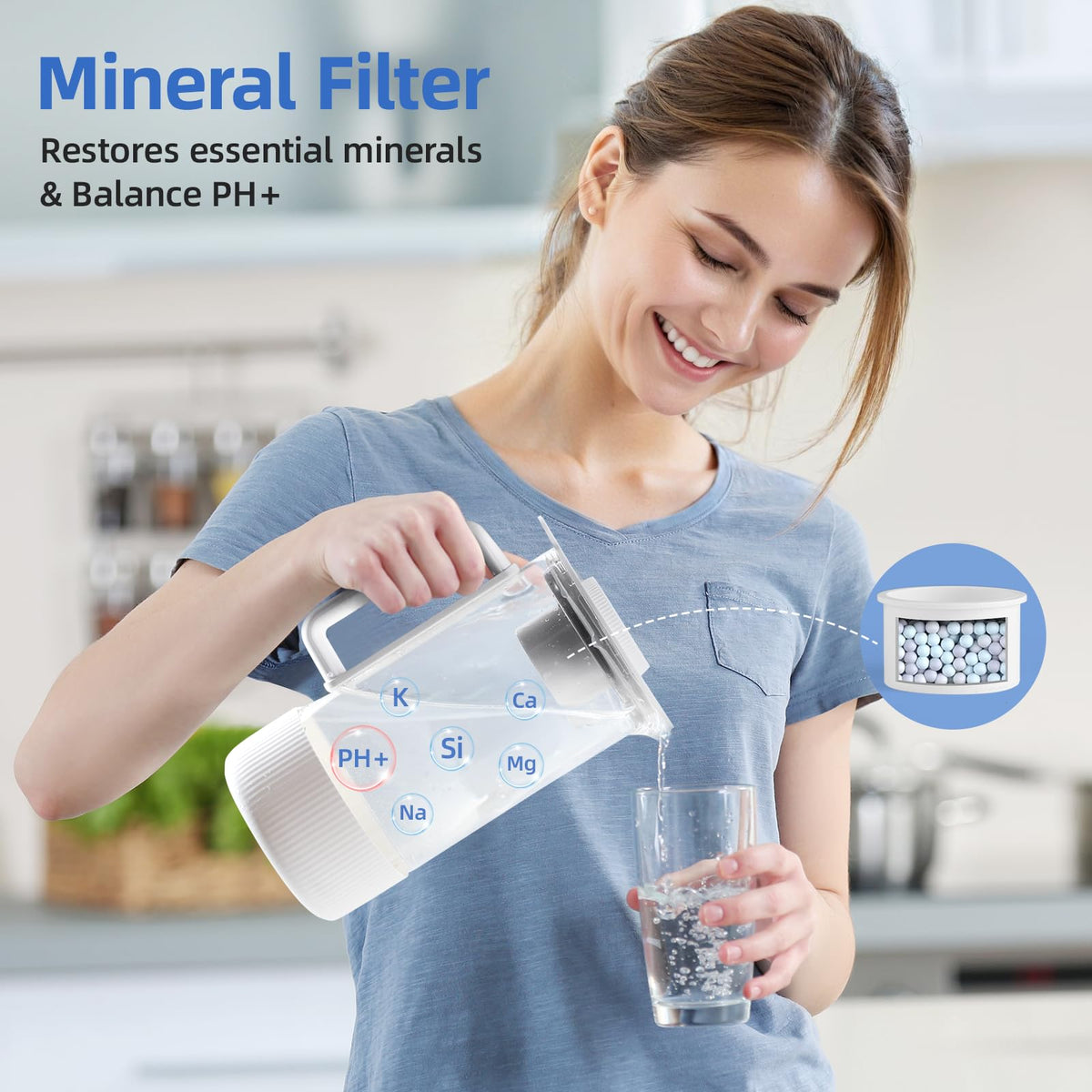 Slevoo glass pitcher with remineralization restores minerals for better taste.