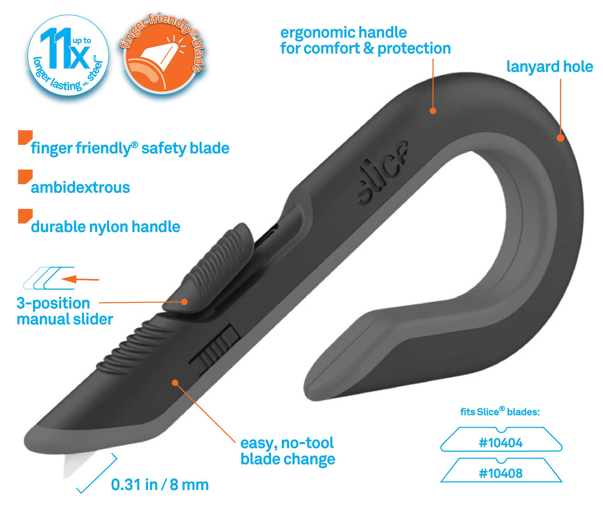 Slice box cutter ergonomic handle in hand illustrates comfortable grip and precise cuts