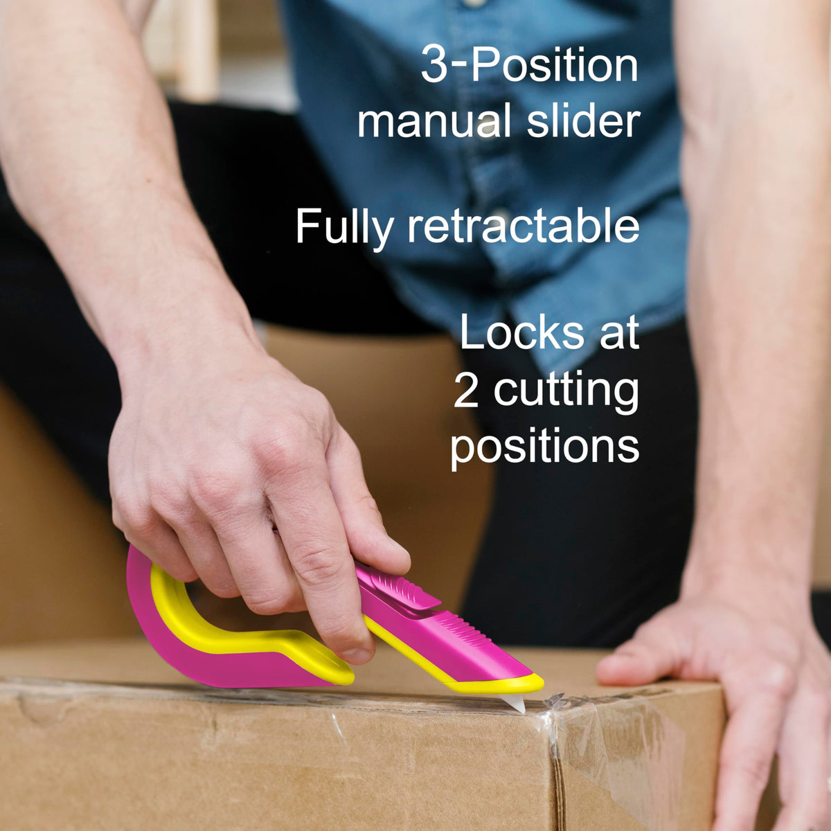 Slice box cutter with ergonomic handle for comfortable use in either hand.