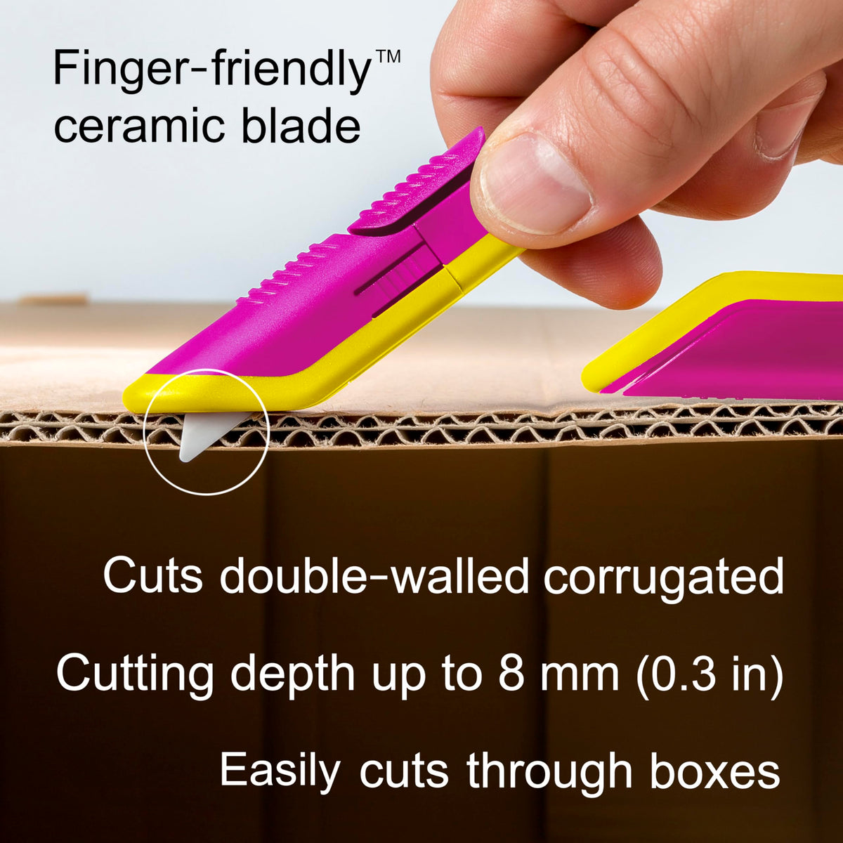 Slice box cutter safety edge highlights reduced risk during opening.