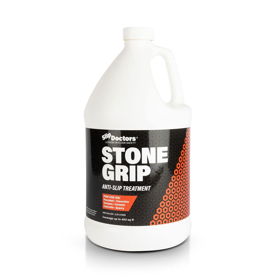 Slip Doctors Stone Grip Industrial gallon bottle label indicating non-slip solution for stone floors.