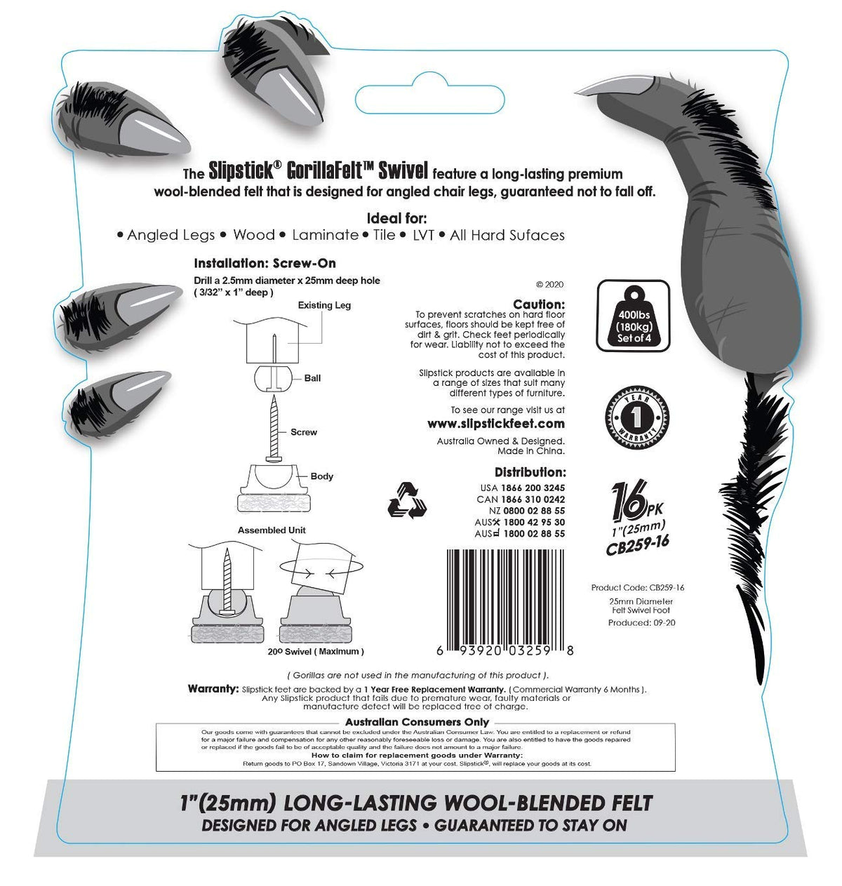 Slipstick GorillaFelt screws included for secure installation on wooden chair feet