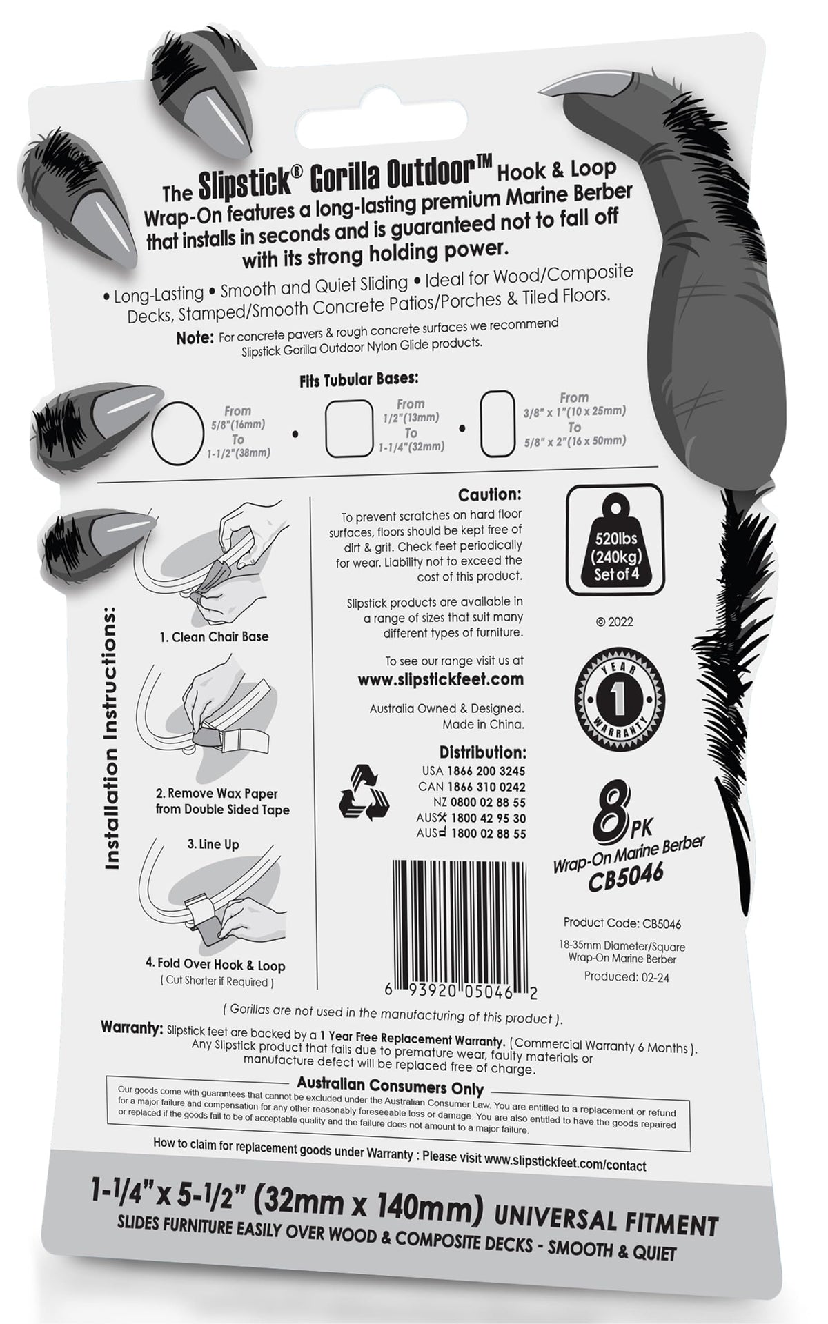 Eight-pack wrap-on pads provide long-lasting coverage for tubular-legged furniture.