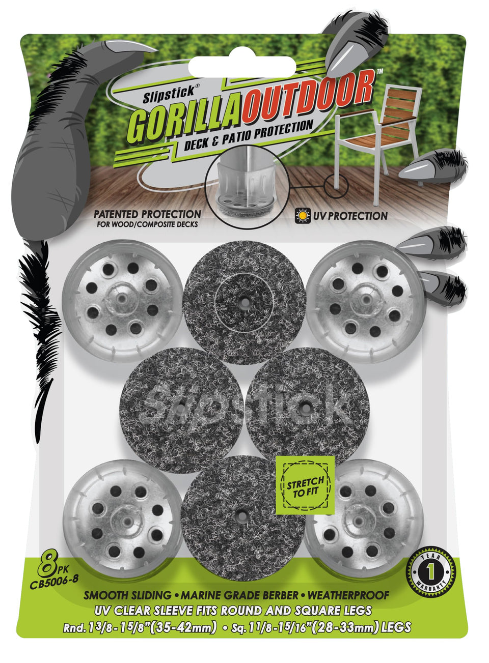 Slipstick GorillaOutdoor berber pad under round legs for deck protection and smooth gliding.