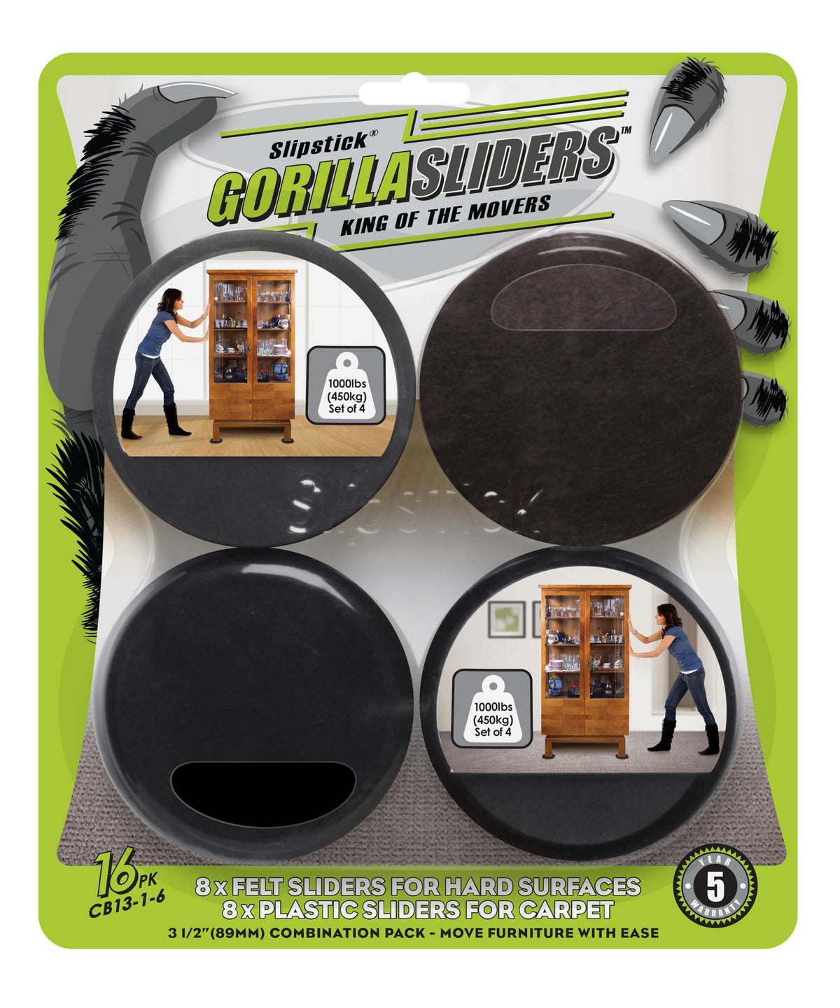 Slipstick GorillaSliders 16-piece kit packaging showing easy setup and quick room rearrangement