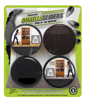 Slipstick GorillaSliders 16-piece kit packaging showing easy setup and quick room rearrangement