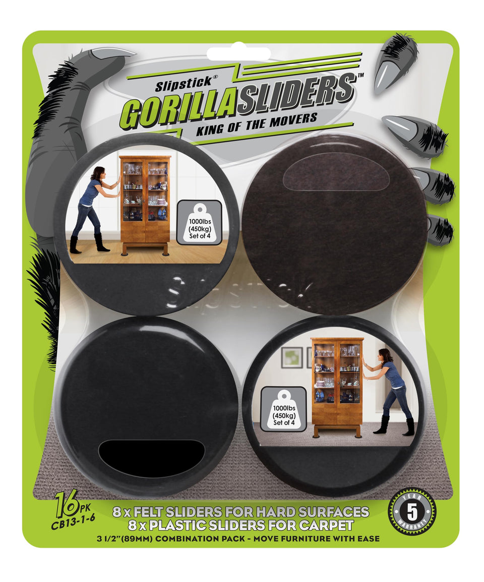 Slipstick GorillaSliders 16-piece kit packaging showing easy setup and quick room rearrangement