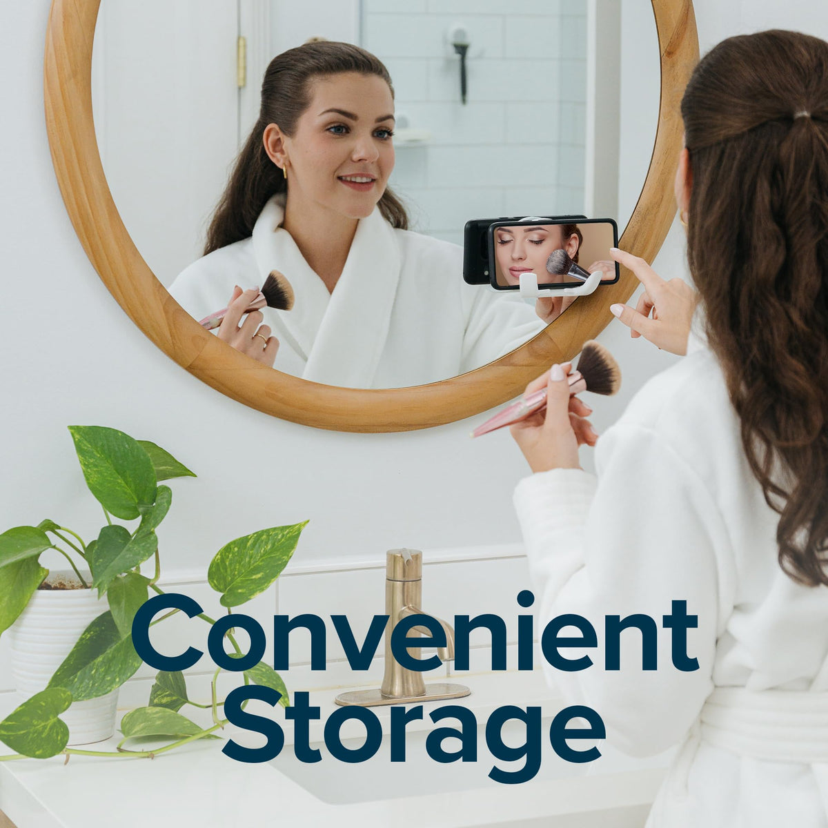SlipX Solutions On-the-Dot suction accessory holds items securely on mirrors.