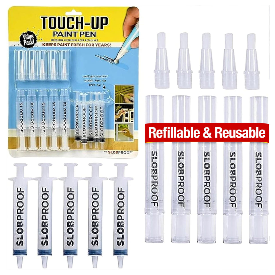 Slobproof refillable paint pen closeup cap enables precise, mess-free touch-ups on walls