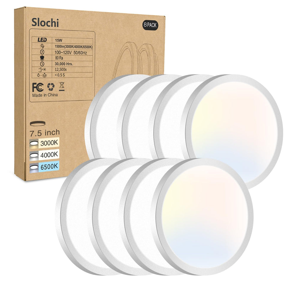 Slochi 8PACK LED flush mount light packaging shows quick setup and space-saving design.