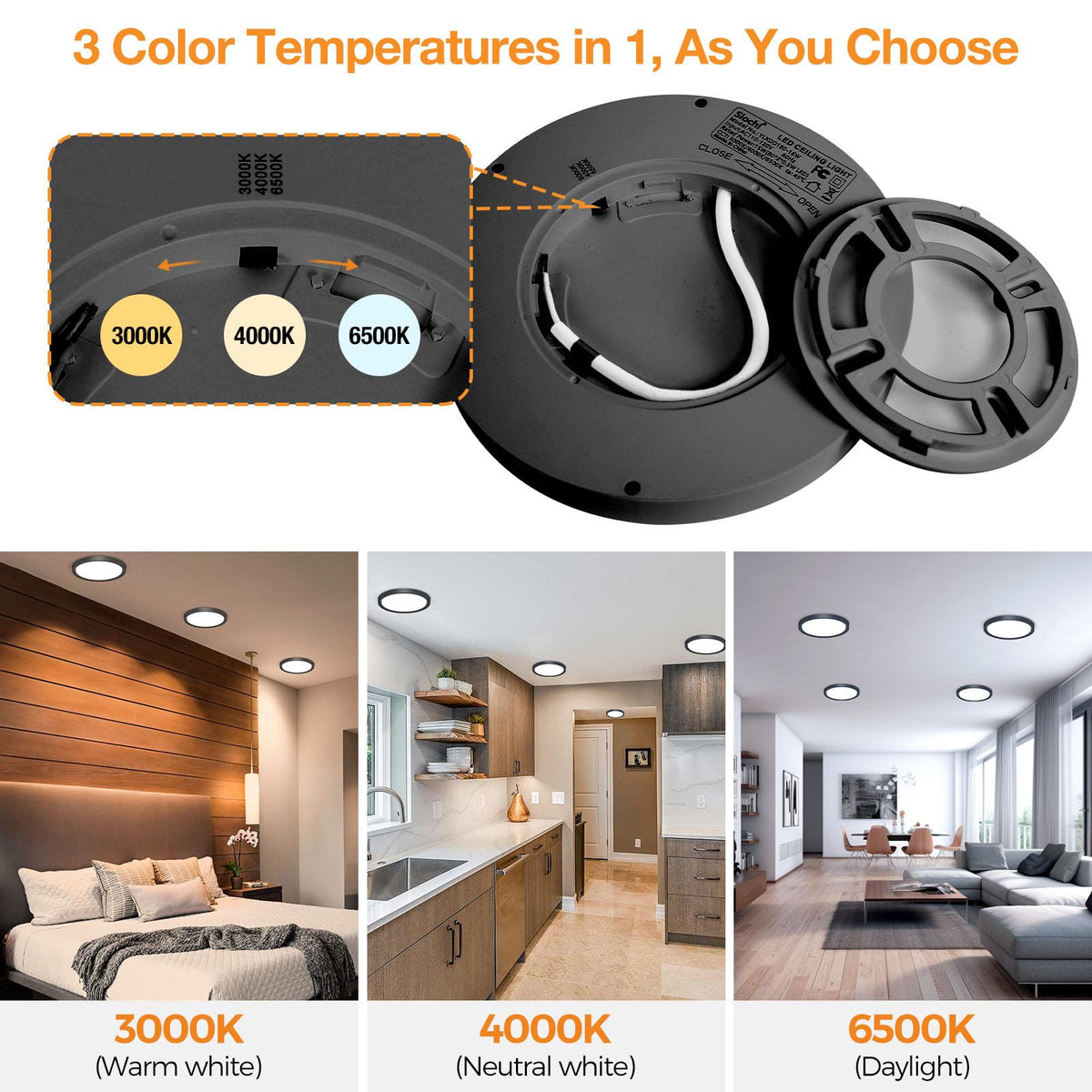 Slochi LED flush mount in a bright room demonstrates 3000K-6500K versatility.