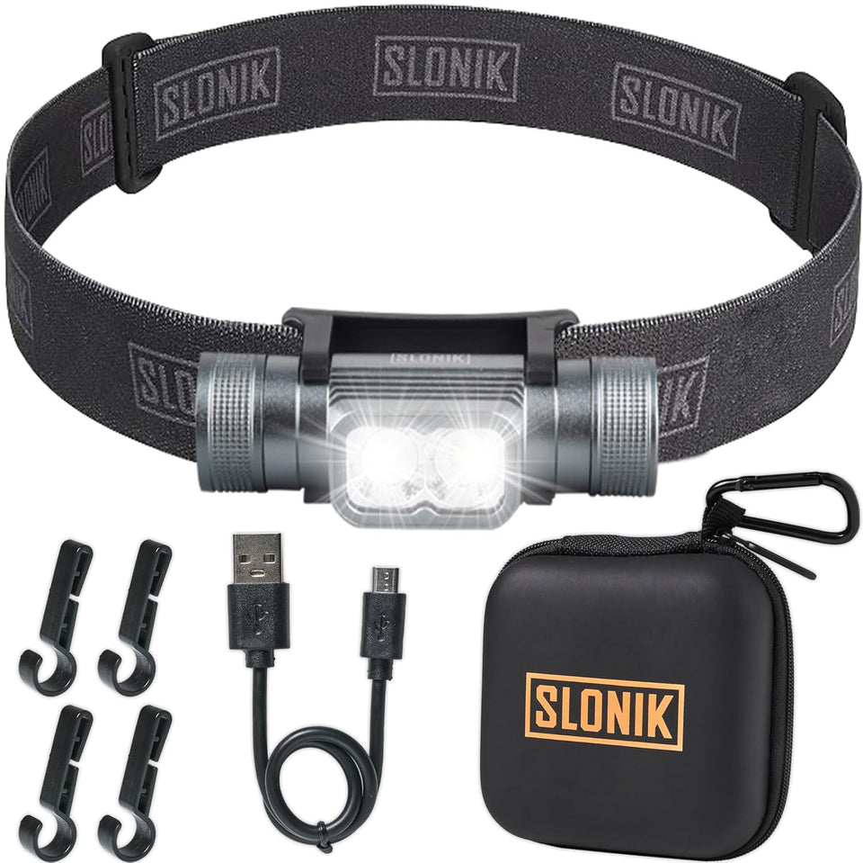 SLONIK headlamp 1000-lumen beam for clear night visibility.