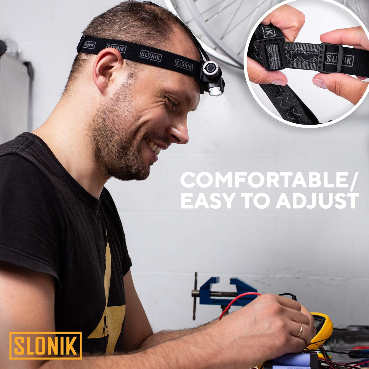 SLONIK IPX4 waterproof headlamp withstands rain and splashes during outdoor adventures.