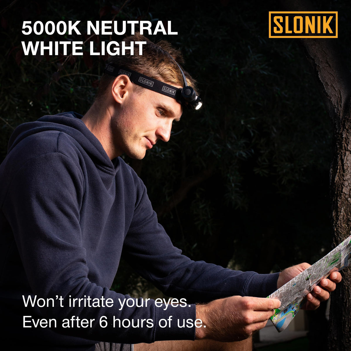 SLONIK USB-rechargeable headlamp for convenient power on the go.