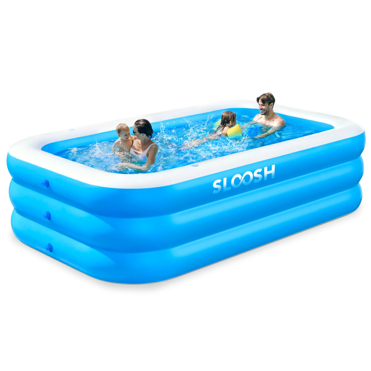 SLOOSH inflatable pool with built-in bench seat, ideal for lounging in the backyard.