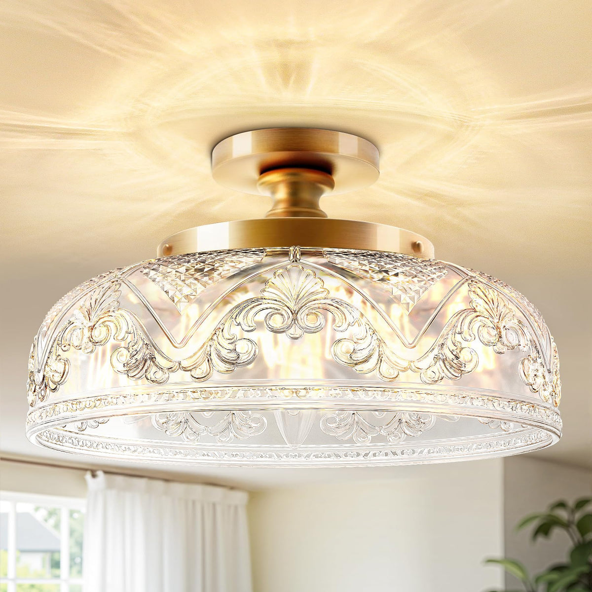 Slypadan semi-flush mount with a 12-inch gold glass shade for warm farmhouse lighting.