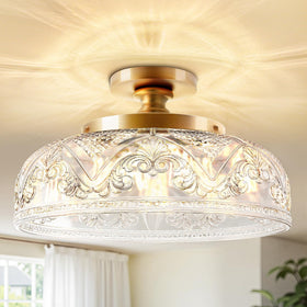 Slypadan semi-flush mount with a 12-inch gold glass shade for warm farmhouse lighting.