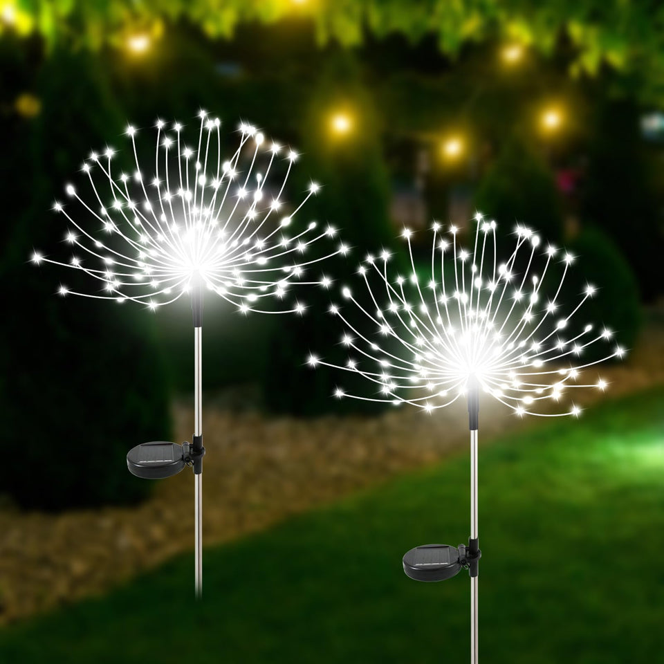 Slyuexu Solar Firework Lights illuminate outdoor paths with bright ambience.