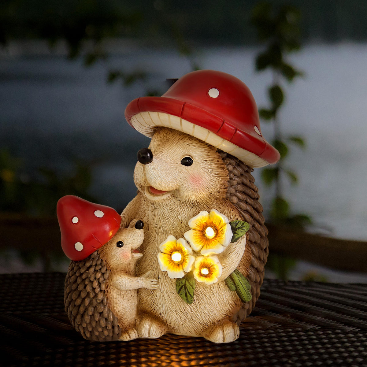 Smadeer solar hedgehog garden statue front view with warm glow for outdoor welcome