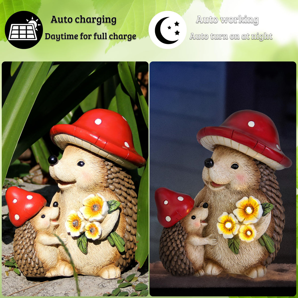 Smadeer hedgehog mushroom head detail adds whimsy to porch and flower bed
