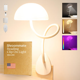 Smallish Shroommate clip-on light close-up with a flexible 360-degree arm for dorm versatility.