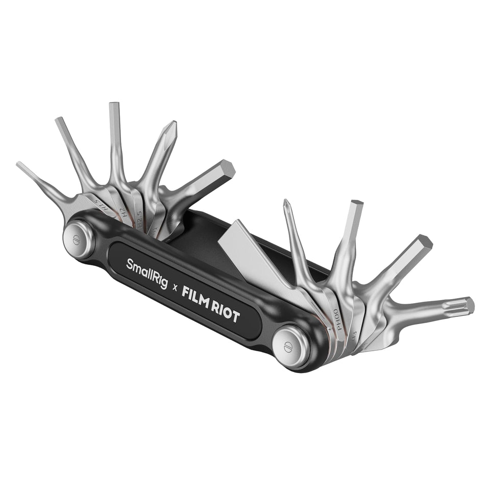 SmallRig x FILM RIOT folding tool open showing compact, versatile multi-wrench setup.
