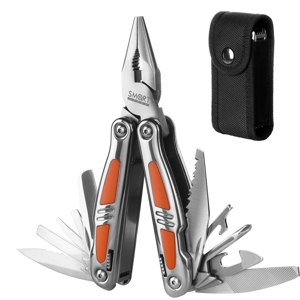 SMART JERRY 14-in-1 multitool secured in belt sheath for quick access on outdoor tasks