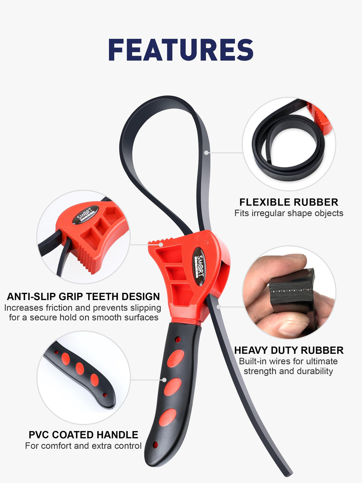 SMART JERRY oil filter strap wrench provides leverage in tight spaces.