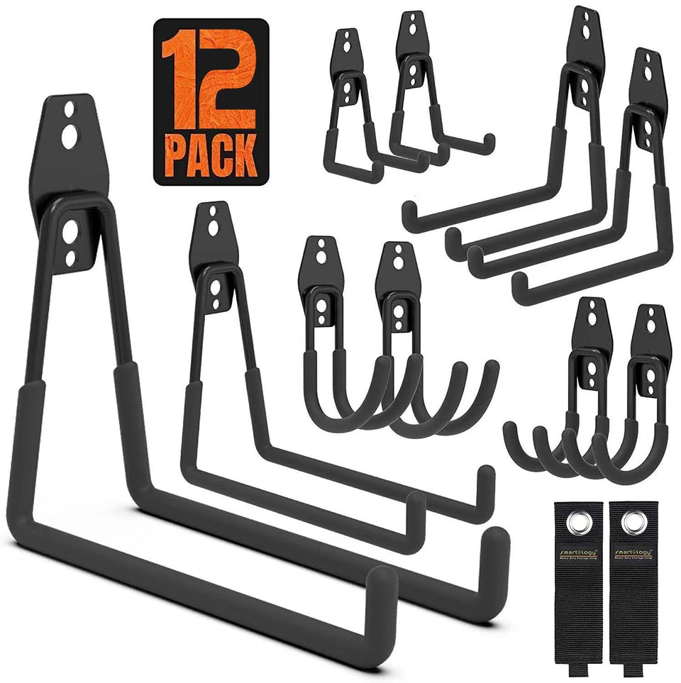 SMARTOLOGY garage hooks 12-pack secure space saving for tools and bikes