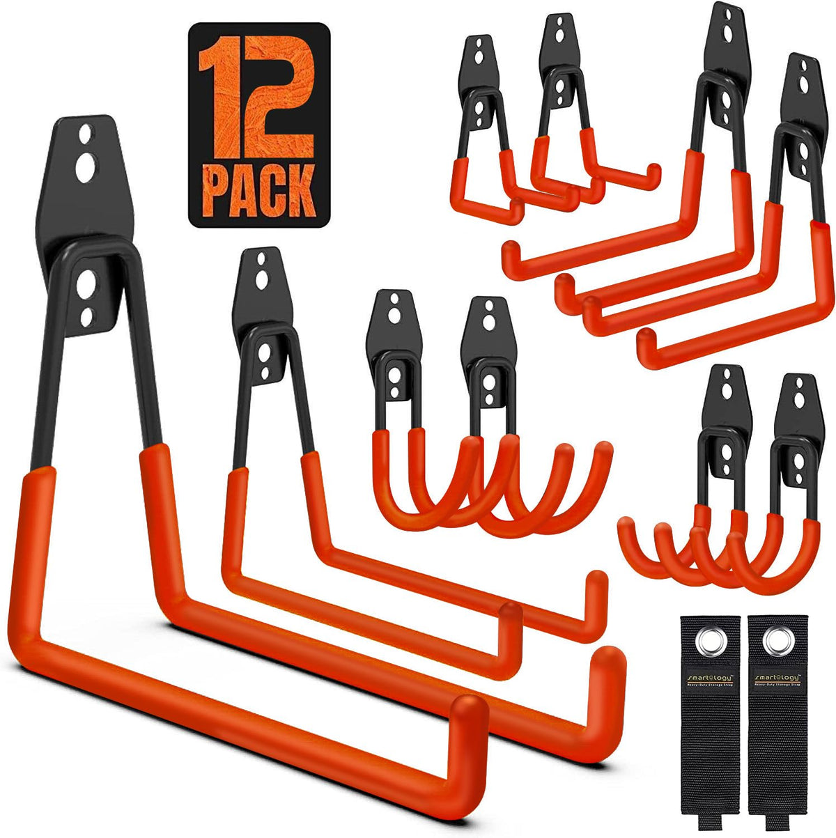 SMARTOLOGY garage hooks 12-pack on wall organizing tools and cords.