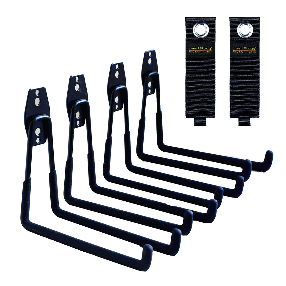 Smartology garage hooks 4-pack on wall mount for organized ladders and tools.