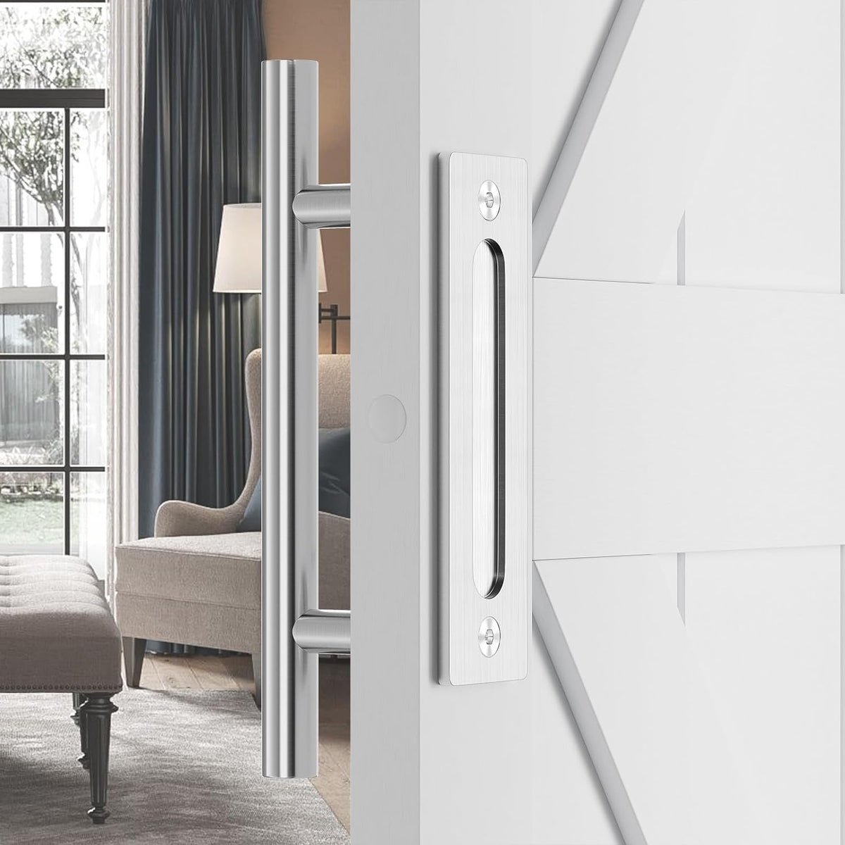 SMARTSTANDARD 12in barn door handle side view in brushed stainless steel, sturdy grip.