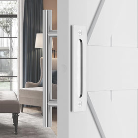 SMARTSTANDARD 12in barn door handle side view in brushed stainless steel, sturdy grip.