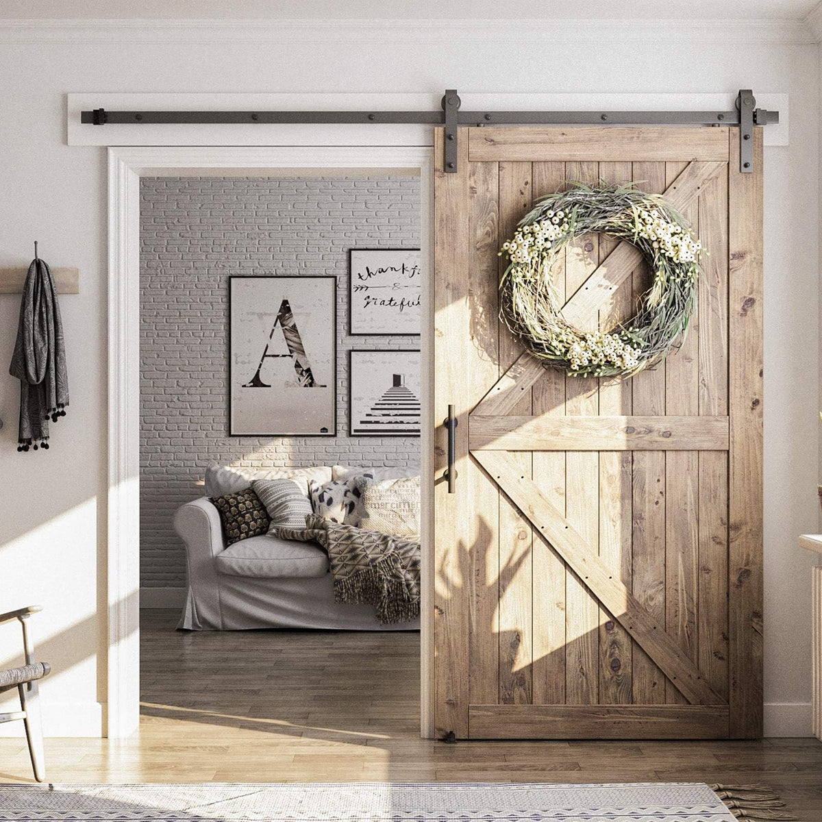 SMARTSTANDARD barn door track side view highlights space-saving design