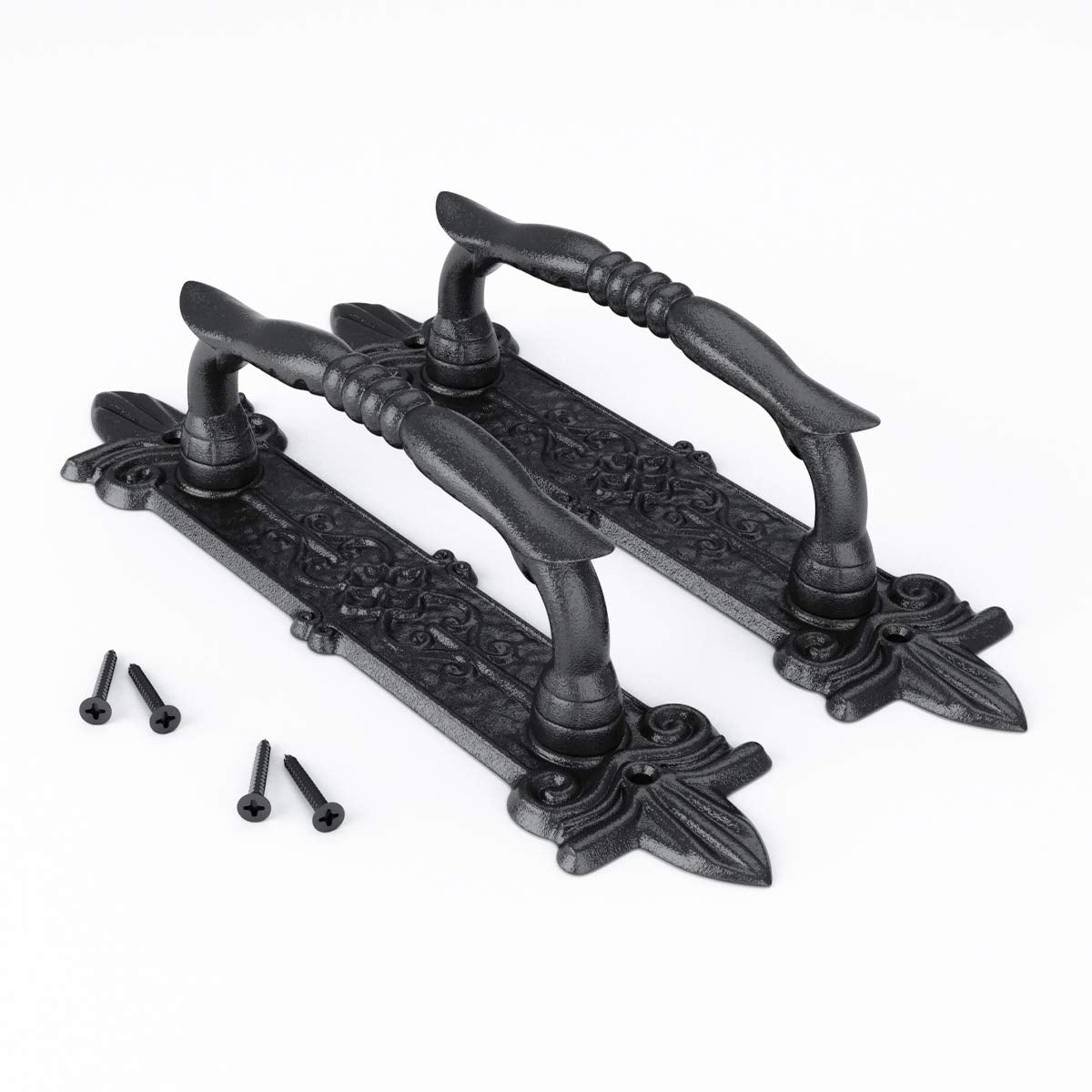 Antique barn door handle in black powder coat offering durable performance for garages.