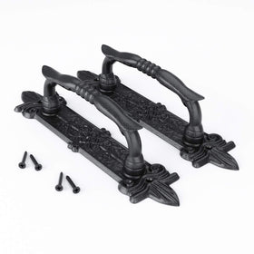 Antique barn door handle in black powder coat offering durable performance for garages.