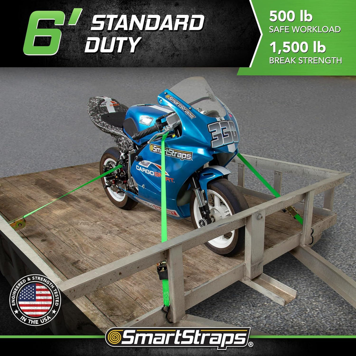 SMARTSTRAPS green standard-duty strap highlighting 1500lbs break strength
