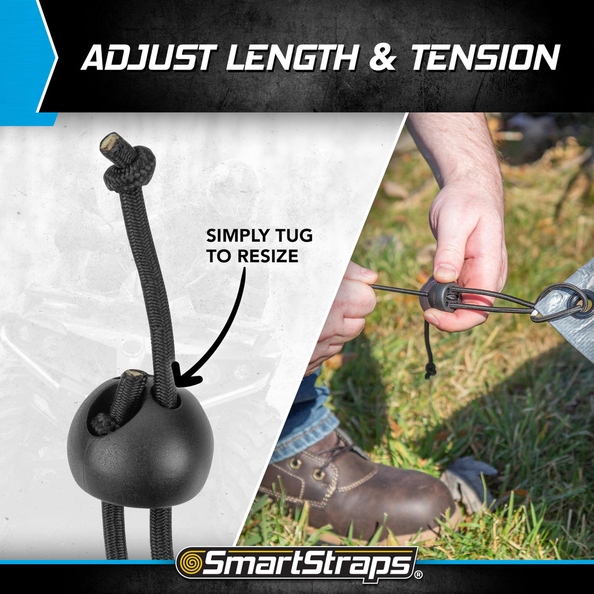 SmartStraps toggle-ball bungee securing tarps and tents during outdoor setup.