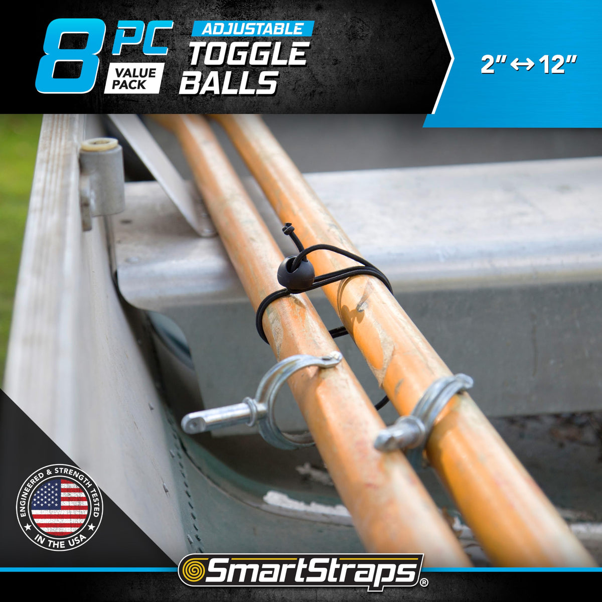 SmartStraps toggle-ball bungee 8-pack demonstrates tension adjustment for versatile cargo control.